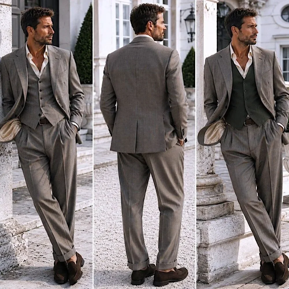 Vtg Tommy Hilfiger 42L Brown Houndstooth 3Pc Suit Set Old Money Academia Wedding